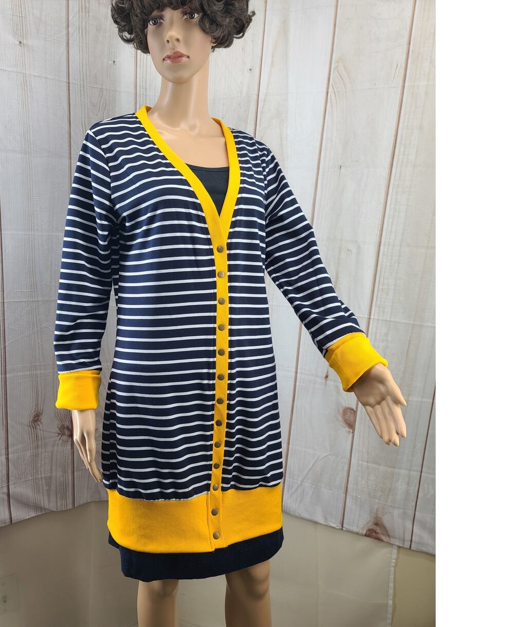 MEROKEETY Women L Navy & White Striped Knee Length Button/Snap Cardigan Jacket